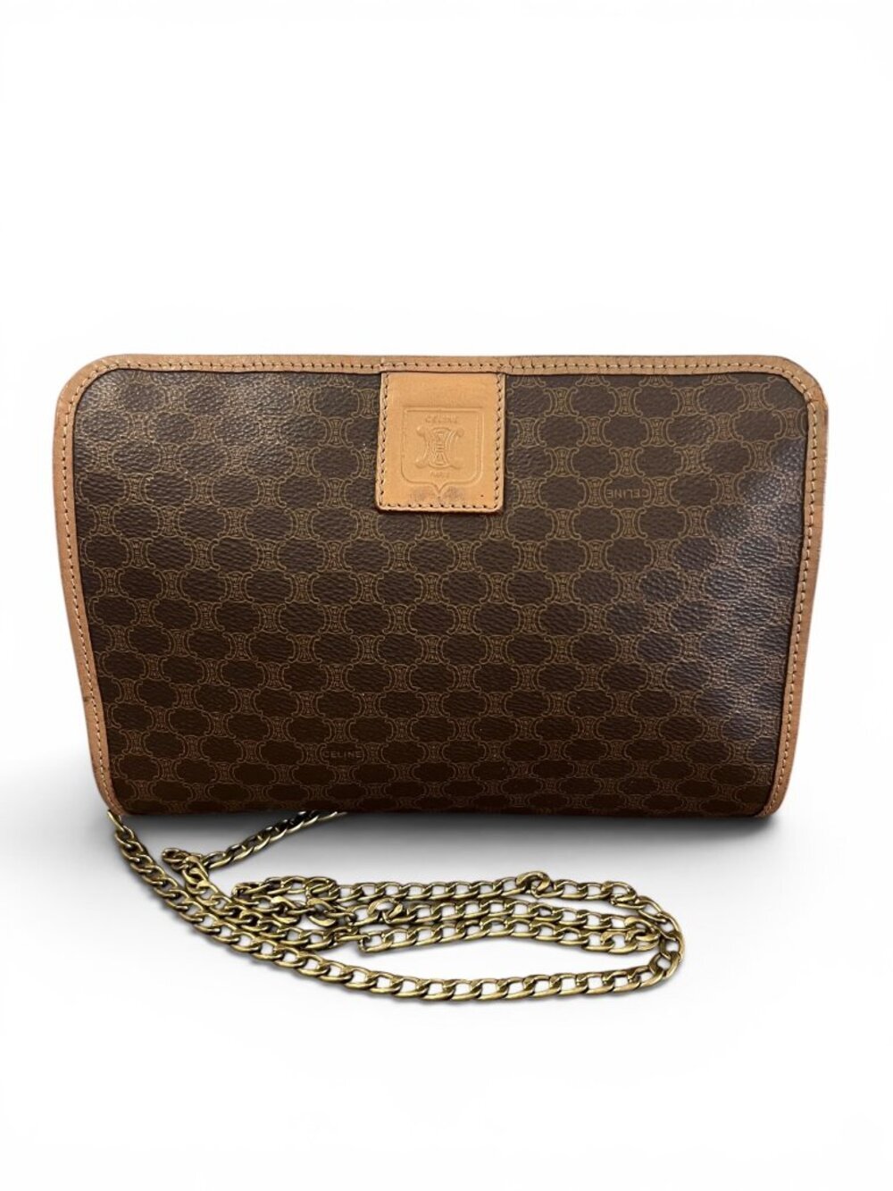Celine Brown Macadam Canvas Leather Chain Shoulder Bag Vintage Made In Italy